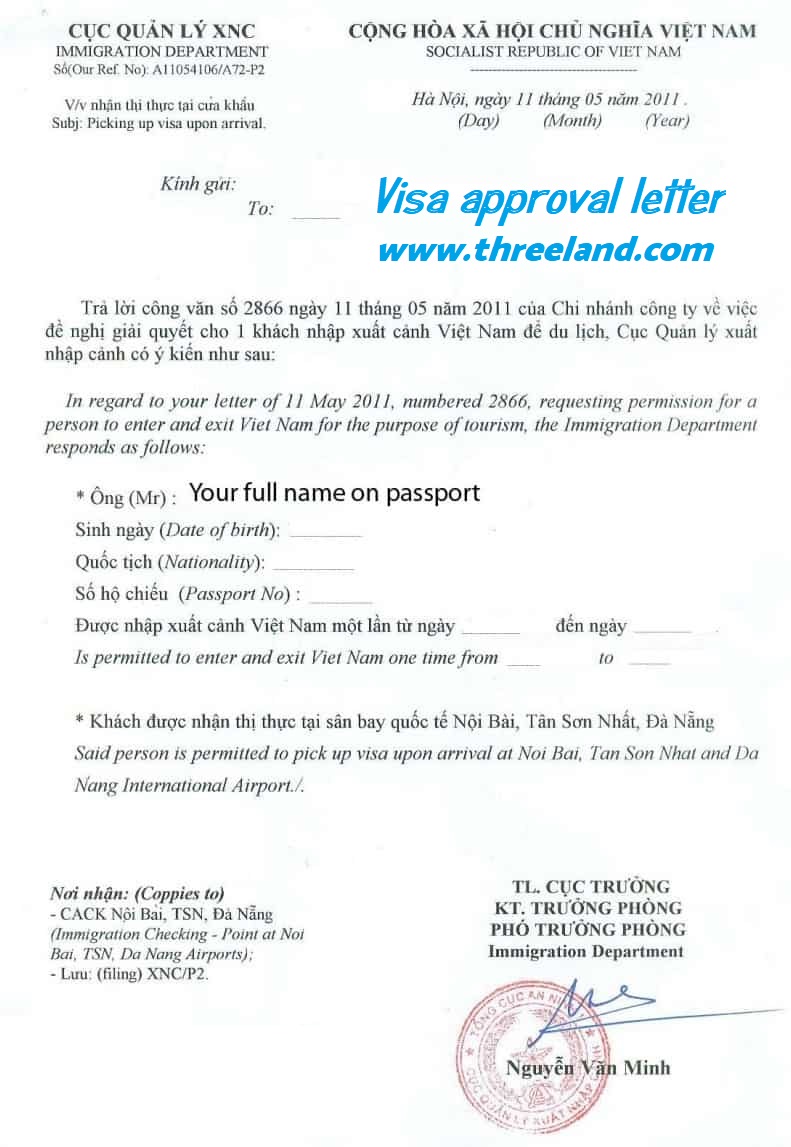 Visa approval letter to Vietnam