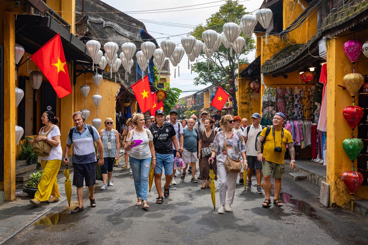 Group of tourists exploring the vibrant streets